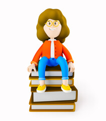 Girl Susie sits on a stack of books. 3d rendering. 3d illustration. 3d character
