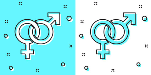 Fototapeta na wymiar Black line Gender icon isolated on green and white background. Symbols of men and women. Sex symbol. Random dynamic shapes. Vector.