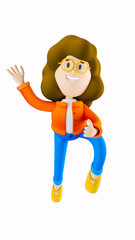 Girl Susie  jumping and waving. 3d rendering. 3d illustration. 3d character