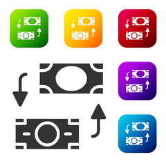 Black Money exchange icon isolated on white background. Cash transfer symbol. Banking currency sign. Set icons in color square buttons. Vector.