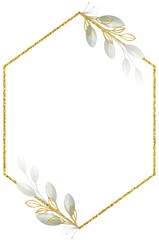 Obraz premium Watercolor invitation Card golden design with leaves. background with floral elements , botanic watercolor illustration. Vintage Template. Herbal frame