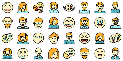 Smiling people icons set. Outline set of smiling people vector icons thin line color flat on white