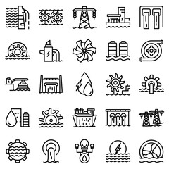 Hydro power icons set. Outline set of hydro power vector icons for web design isolated on white background - obrazy, fototapety, plakaty