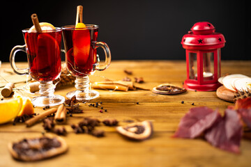 Christmas magic atmosphere, home celebration. Hot mulled wine, spices and festive decorations....