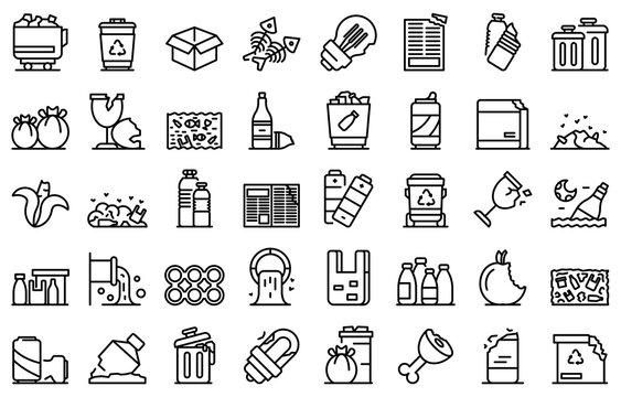 Waste icons set. Outline set of waste vector icons for web design isolated on white background