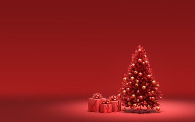 Gift boxes on the ground and Single Christmas tree with monochrome solid red color in red background with copy space, 3d rendering