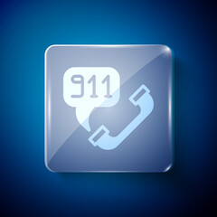 White Telephone with emergency call 911 icon isolated on blue background. Police, ambulance, fire department, call, phone. Square glass panels. Vector.