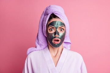 Portrait of astonished girl bathroom leisure spa salon procedure wear towel isolated pink color background