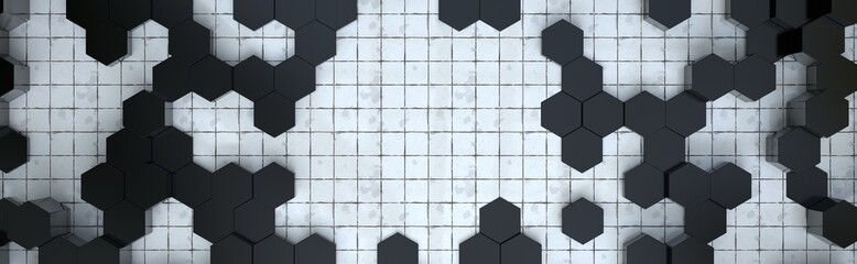 3d geometrical hexagon black and white background web banner