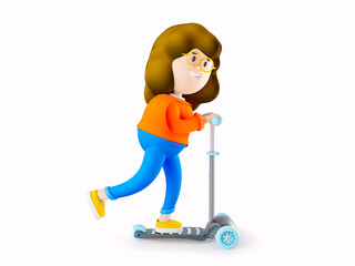 Girl Susie riding a scooter. 3d rendering. 3d illustration. 3d character