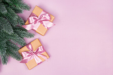 Gifts and fir branches on a blank background
