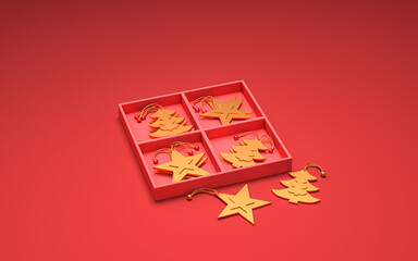 Red color christmas decoration objects in single red color background, 3d Rendering