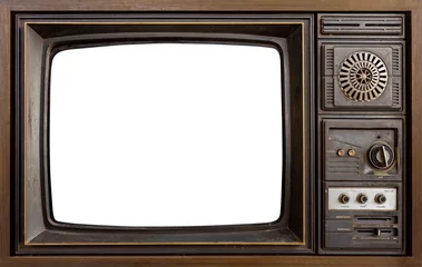Fototapeten Nahaufnahme des alten Retro-Fernsehers, ausgeschnittener weißer Bildschirm, Vintage-TV-Stil © Pituk
