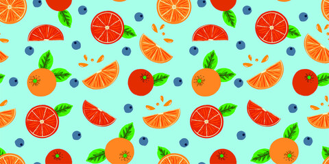 Colorful seamless pattern with oranges and grapefruits on blue background. For packaging, textile and any surfaces. Vector seamless pattern.