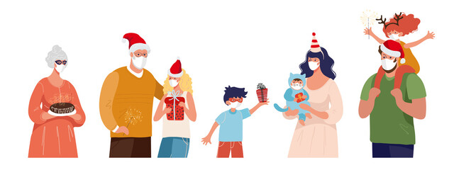 A family, grandparents with grandchildren, a pregnant woman, people in medical masks and santa hats greet the New Year and Christmas. Vector flat cartoon characters isolated on white background.