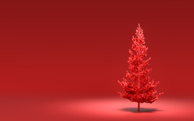 Single Christmas tree without ornaments with monochrome solid red color in red background with copy space, 3d rendering