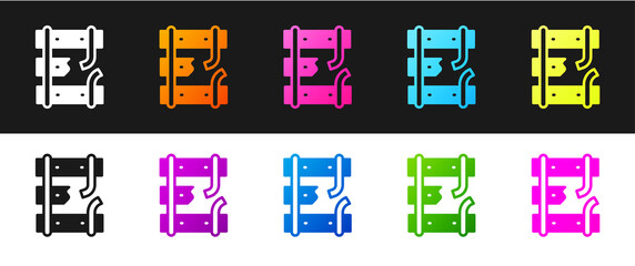 Set Broken or cracked rails on a railway icon isolated on black and white background. Vector.