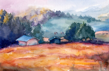 Fields with houses and trees. The landscape is autumn, summer. Dry grass and leaves. Watercolor painting, illustration