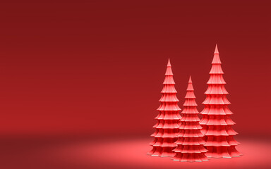 Single Christmas tree without ornaments with monochrome solid red color in red background with copy space, 3d rendering
