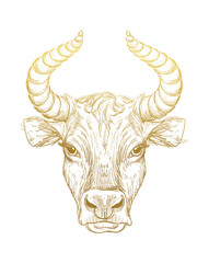 Happy New Year 2021 of the Ox, Ox-Taurus. Golden linear drawing on a white background, tarot, tattoo, chinese horoscope, astrology and zodiac signs. Vector illustration for poster, cover, calendar, l.