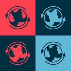 Pop art Worldwide icon isolated on color background. Pin on globe. Vector.