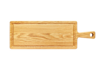 Old long rough wooden cutting board with a handle isolated on a white background