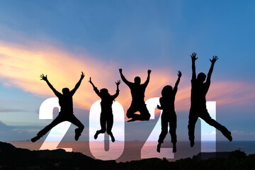Plakat Silhouette happy business teamwork jumping congratulation and celebrate in Happy New year 2021 for change new life future concept. Freedom lifestyle group people team jump as part of Number 2021 