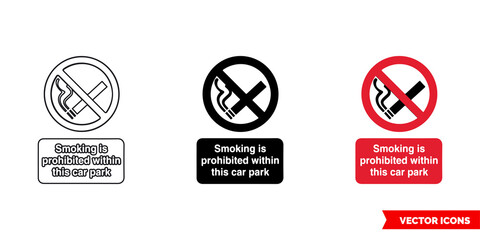 Smoking is prohibited within this car park prohibitory sign icon of 3 types color, black and white, outline. Isolated vector sign symbol.