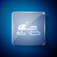 White Snowmobile icon isolated on blue background. Snowmobiling sign. Extreme sport. Square glass panels. Vector.
