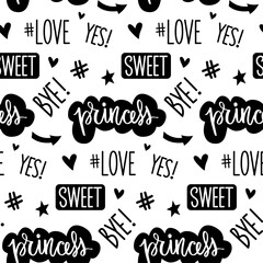 Vector seamless pattern with princess, love, sweet lettering. Text background. Girlish print