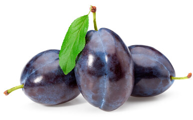 fresh plum fruits with green leaf isolated on white background. Clipping path.