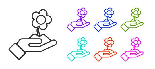 Black line Hand holding flower icon isolated on white background. Seed and seedling. Planting sapling. Ecology concept. Set icons colorful. Vector Illustration.