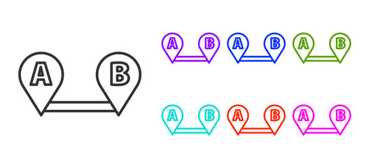 Black line Route location icon isolated on white background. Map pointer sign. Concept of path or road. GPS navigator. Set icons colorful. Vector Illustration.