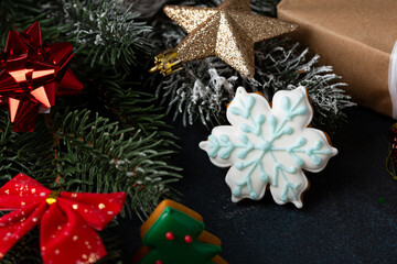 Close up of Christmas snowflake cookies and decoration, baubles, holiday concept