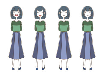 手を後ろに回して立っている笑顔の女性の全身イラストセット