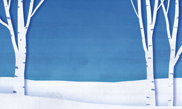 水彩風　白樺の木のイラスト　雪景色の背景装飾　ペーパーカット