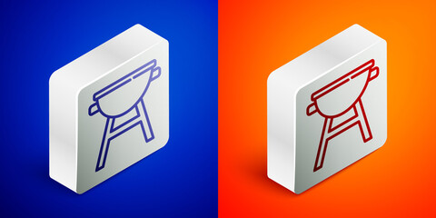 Isometric line Barbecue grill icon isolated on blue and orange background. BBQ grill party. Silver square button. Vector.