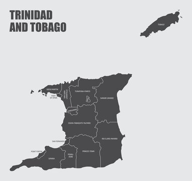Trinidad and Tobago isolated map divided in states with labels