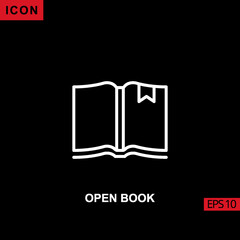 Open book icon outline, line, lineal or linear on black background