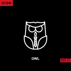 Owl icon outline, line, lineal or linear on black background