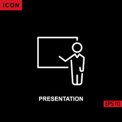 Presentation icon outline, line, lineal or linear on black background.