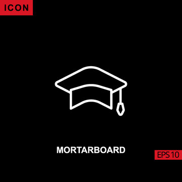 Mortarboard icon outline, line, lineal or linear on black background