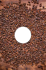 Composition with pine nuts. Pattern with copy space. Creative mockup.