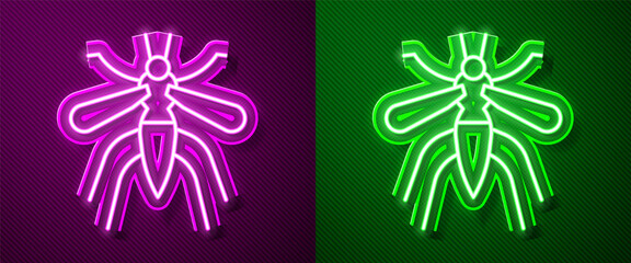 Glowing neon line Mosquito icon isolated on purple and green background. Vector.