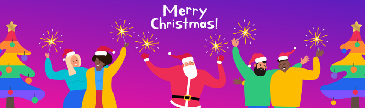 Merry Christmas Party Santa Claus And Lgbt  Lesbian And Gay Couples Men And Women Vector Illustration