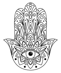 Vector illustration. Black and white coloring with hamsa