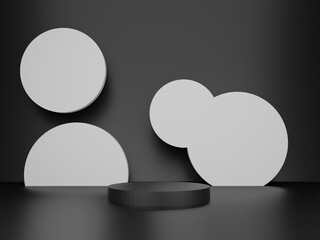 3D rendering. black and White circle shelf on black wall