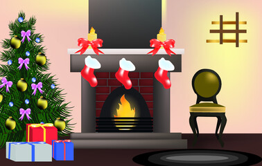 room with Christmas fireplace and tree