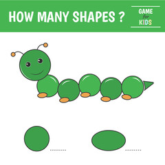 Educational game for kids. caterpillar of geometric shapes. Count  circles, oval. Preschool worksheet activity. Vector illustration