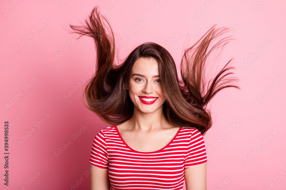 Canvas Prints Close up portrait of positive friendly lady hair fly wear striped isolated on pastel pink color background